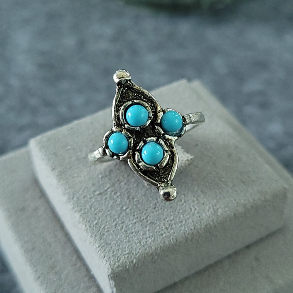 Faux Turquoise Four Stone Silver Tone Statement Ring Size 8